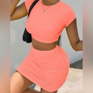 Orange Ruched Mini Pencil Skirt & Crop top for Night Out
